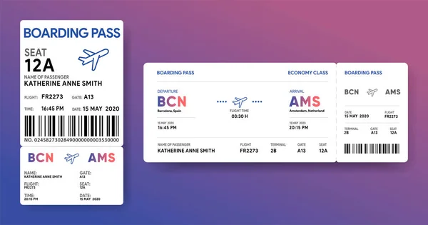 Papper Och Mobilt Boardingkort Responsiv Utformning Flygbiljetten Flygdatakortsmockup Mall För — Stock vektor