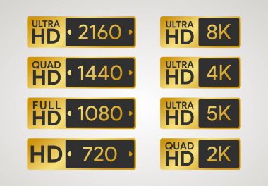 Hepsi HD etiketli. Tam, ultra, dörtlü yüksek çözünürlüklü rozet. 720, 1080, 1440, ekranın 2160 piksel çözünürlüğü. Plazma boyut simgesi. 8K, 5K, 4K, 2K ekran. PC ve PX 'te TV oranı. Vektör illüstrasyonu