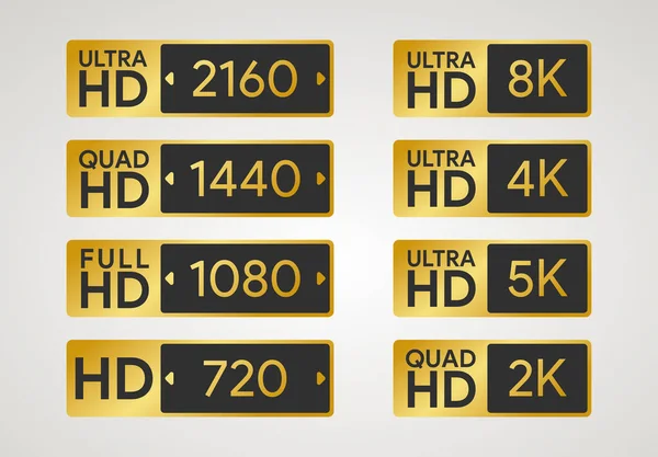 Todas las etiquetas HD. Placa de alta definición completa, ultra, cuádruple. Resolución de pantalla de 720, 1080, 1440, 2160 píxeles. Icono de dimensión plasmática. Pantalla de 8K, 5K, 4K, 2K. Relación PC y TV en px. Ilustración vectorial — Archivo Imágenes Vectoriales