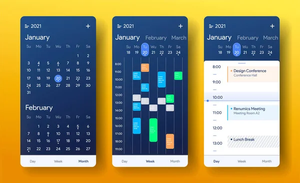 Mobiele kalender app. Maand, week en dag interface toepassing. Dagelijkse taken scherm. Wekelijkse checklist toepassing. Planner voor sjabloon 2021. Ui Vector illustratie ontwerp. — Stockvector