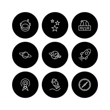 Beyaz arkaplanda 9 adet astronomi simgesi izole edildi...