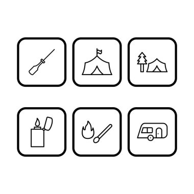 Beyaz Arkaplan Vektörü İzole Edilmiş Elementler Üzerine Altı Kamp Simgesi...