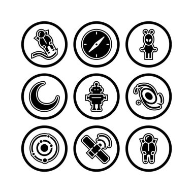 Beyaz arkaplanda 9 adet astronomi simgesi izole edildi...