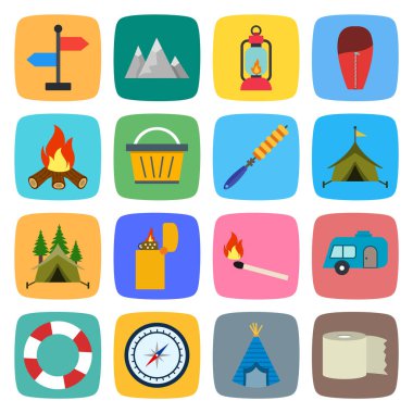 Beyaz arkaplanda izole edilmiş 16 kamp simgesi...