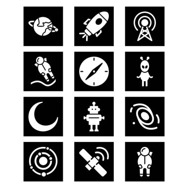 Beyaz arkaplanda izole edilmiş 12 astronomi simgesi...