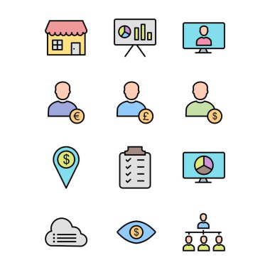 Beyaz arkaplanda 12 adet iş simgesi izole edildi...