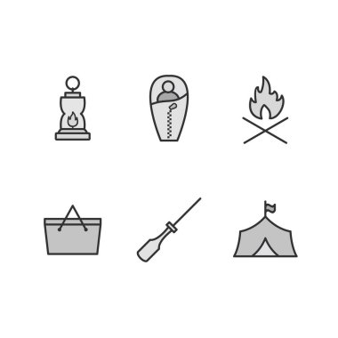 Beyaz arkaplanda izole edilmiş 6 kamp simgesi...