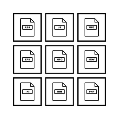 Beyaz arkaplanda 9 adet dosya biçimi simgesi izole edildi...
