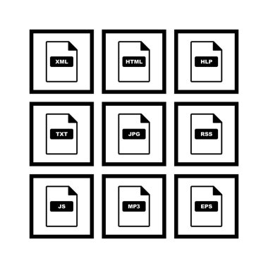 Beyaz arkaplanda 9 adet dosya biçimi simgesi izole edildi...