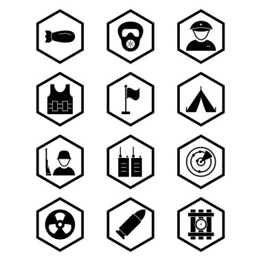 Beyaz arkaplanda 12 set askeri simge izole edildi...