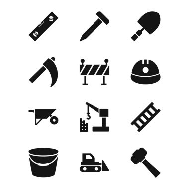 Beyaz arkaplanda 12 set inşaat simgesi izole edildi...