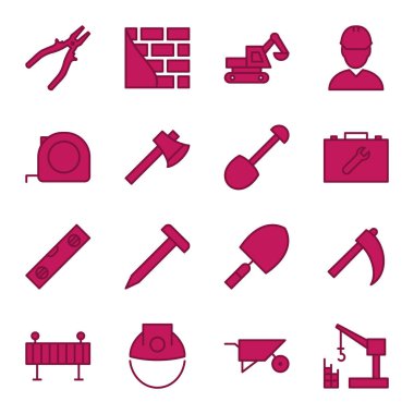 Beyaz Arkaplanda İzole Edilmiş 16 inşaat Simgesi Simgesi...