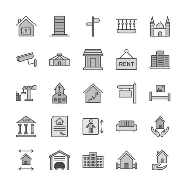 Beyaz arkaplanda 25 emlak simgesi izole edildi...