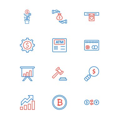 Beyaz arkaplanda 12 adet bankacılık simgesi izole edildi...