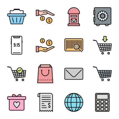 Beyaz arkaplanda 16 adet e-ticaret simgesi izole edildi...