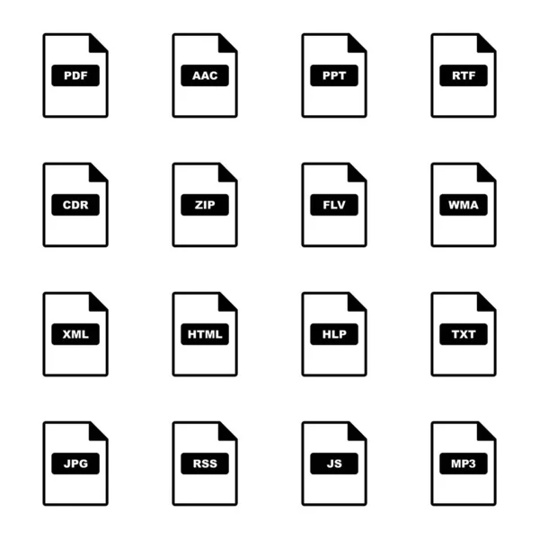 16個のファイル形式のセット白の背景ベクトル絶縁体上のアイコン — ストックベクタ