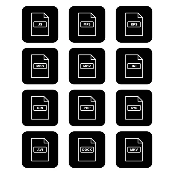 Set Von Dateiformaten Symbole Auf Weißem Hintergrund Vektor Isolierte Elemente — Stockvektor