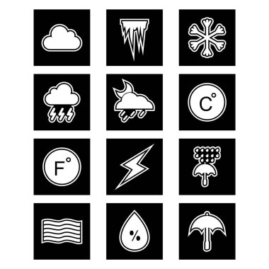 Beyaz Arkaplan Vektörü İzole Edilmiş Elementler Üzerine 12 Hava Durumu Simgesi...