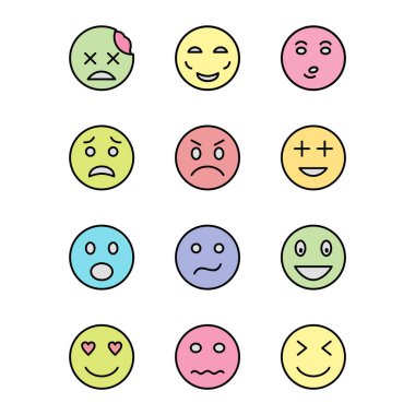 Beyaz arkaplanda 12 tane emoji simgesi izole edildi...