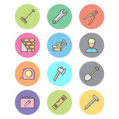 Beyaz arkaplanda 12 set inşaat simgesi izole edildi...