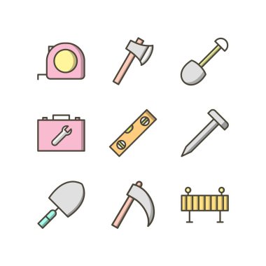 Beyaz arkaplanda 9 set inşaat simgesi izole edildi...