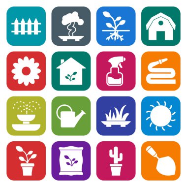 Beyaz arkaplanda izole edilmiş 16 bahçe simgesi...