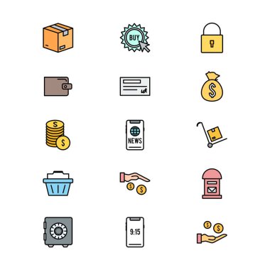 Beyaz arkaplanda 15 adet e-ticaret simgesi izole edildi...