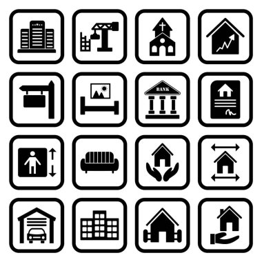 Beyaz arkaplanda izole edilmiş 16 adet emlak simgesi...