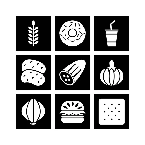 Set Van Voedsel Pictogrammen Geïsoleerd Witte Achtergrond — Stockvector