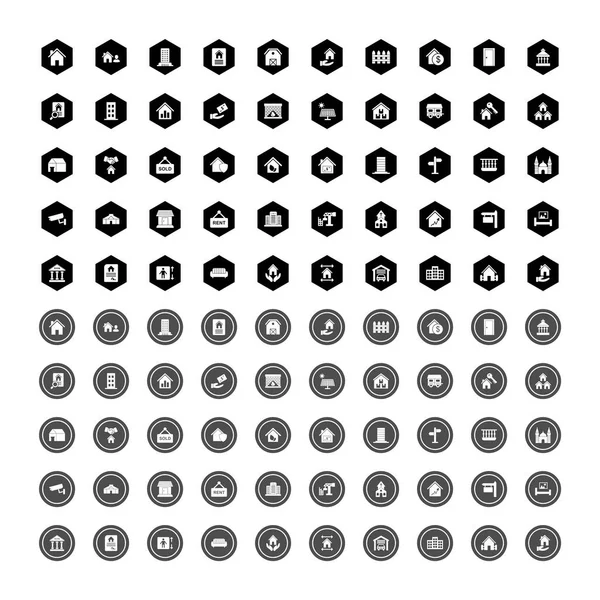 Ensemble 100 Icônes Immobilières Sur Fond Blanc Éléments Isolés Vectoriels — Image vectorielle