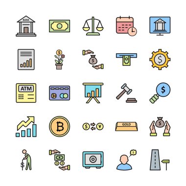 Beyaz arkaplanda 25 adet bankacılık simgesi izole edildi...