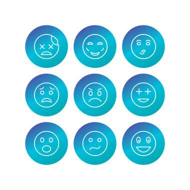Beyaz arkaplanda 9 tane emoji simgesi izole edildi...