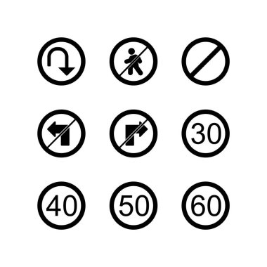 9 Yol İşareti Simgesi Sayfası Beyaz Arkaplanda İzole Edildi...