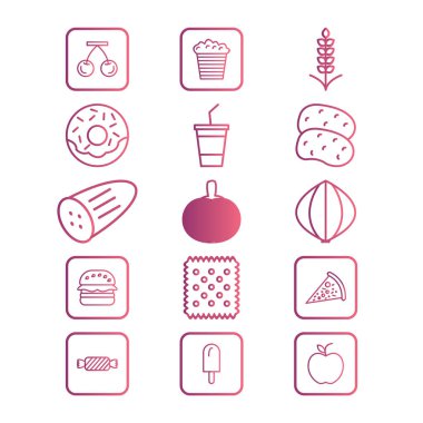 Beyaz arkaplanda 15 yiyecek simgesi izole edildi...