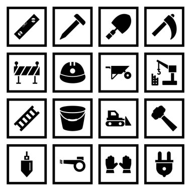 Beyaz arkaplanda izole edilmiş 16 set inşaat simgesi...