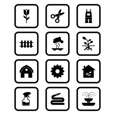 Beyaz arkaplanda 12 adet bahçe simgesi izole edildi...