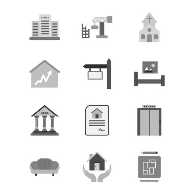 Beyaz Arkaplan Vektörü İzole Edilmiş Elementler Üzerine 12 Emlak Simgesi...