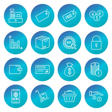 Beyaz arkaplanda 16 adet e-ticaret simgesi izole edildi...
