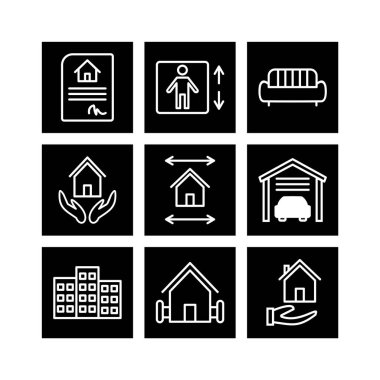 Beyaz arkaplanda 9 adet emlak simgesi izole edildi...