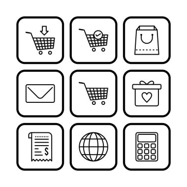 Beyaz arkaplanda 9 adet e-ticaret simgesi izole edildi...