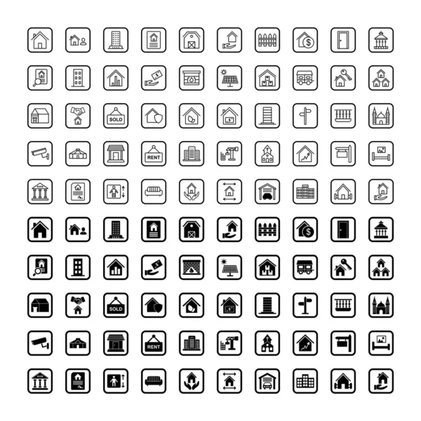 Ensemble 100 Icônes Immobilières Sur Fond Blanc Éléments Isolés Vectoriels — Image vectorielle