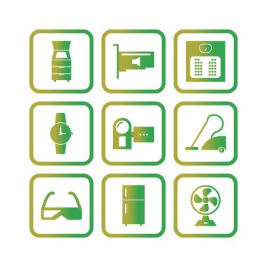 Beyaz arkaplanda 9 adet elektronik aygıt simgesi izole edildi...