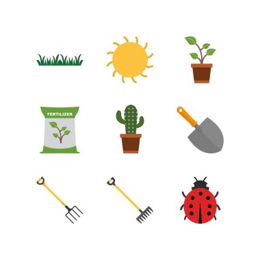 Beyaz arkaplanda 9 adet bahçe simgesi izole edildi...