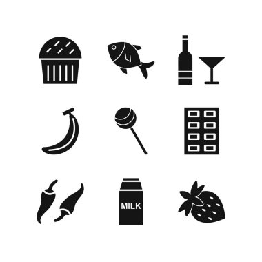 Beyaz Arkaplan Vektörü İzole Edilmiş Elementler Üzerine 9 Gıda Simgesi 