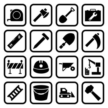 Beyaz Arkaplan Vektörü İzole Edilmiş Elementler Üzerine 16 inşaat Simgesi...