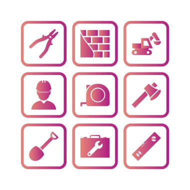 Beyaz arkaplanda 9 set inşaat simgesi izole edildi...