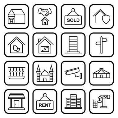 Beyaz arkaplanda izole edilmiş 16 adet emlak simgesi...