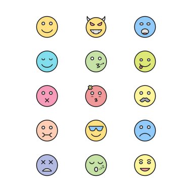 Beyaz arkaplanda 15 tane emoji simgesi izole edildi...