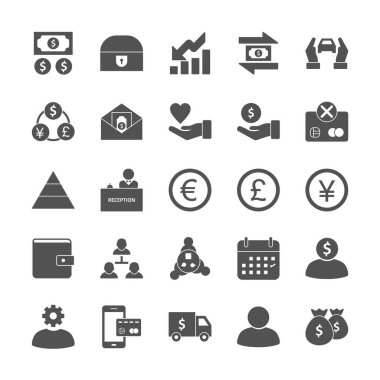 Beyaz arkaplanda 25 adet bankacılık simgesi izole edildi...