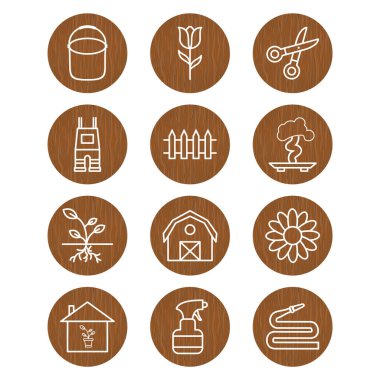 Beyaz arkaplanda 12 adet bahçe simgesi izole edildi...